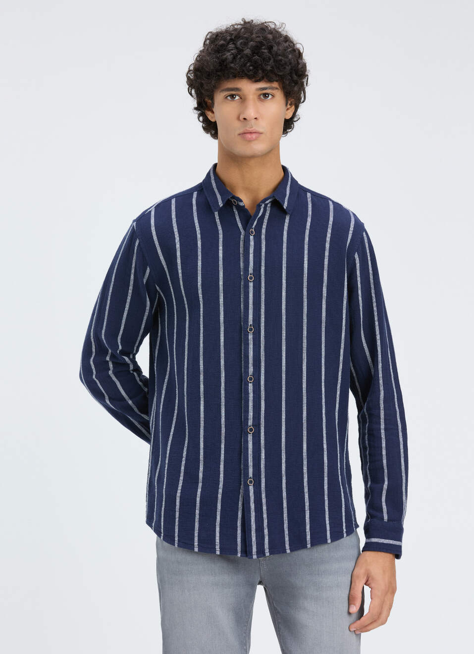 Men Navy Vertical Stripe Full Sleeve Shirt, , large image number 1