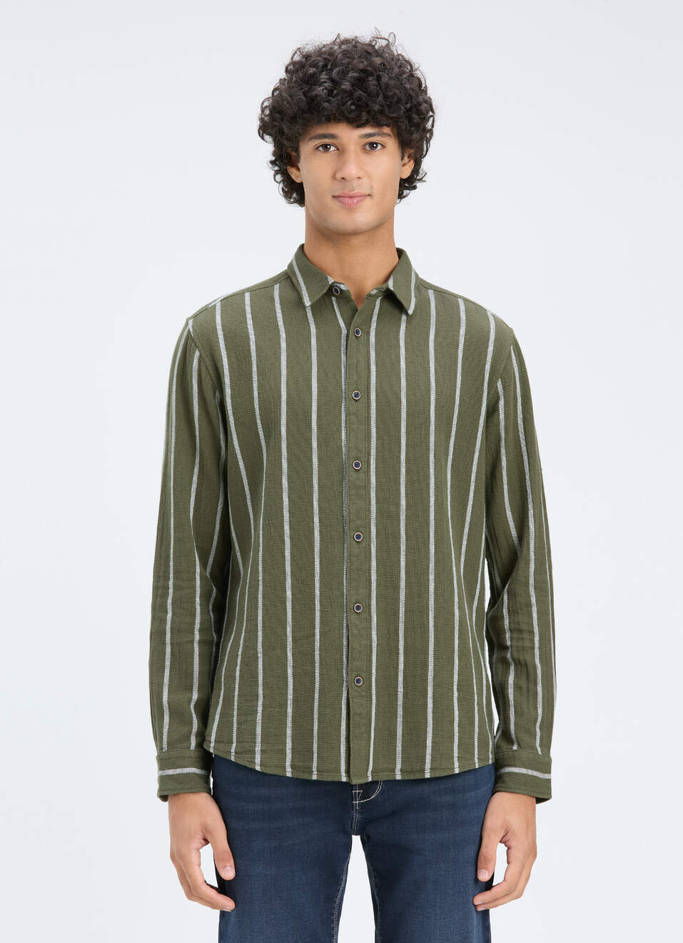 Men Olive Vertical Stripe Full Sleeve Shirt, , large image number 1