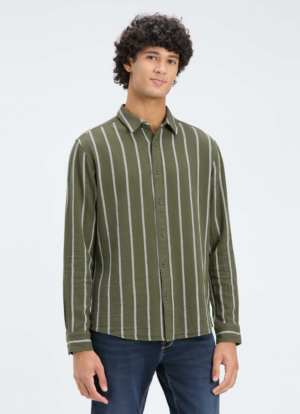 Men Olive Vertical Stripe Full Sleeve Shirt, , large image number 3