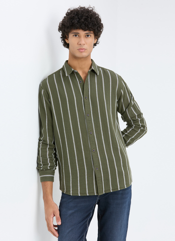 Men Olive Vertical Stripe Full Sleeve Shirt
