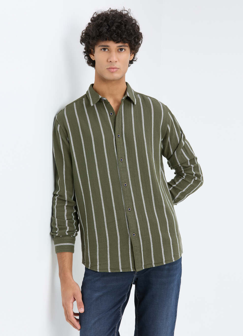 Men Olive Vertical Stripe Full Sleeve Shirt, , large image number 0