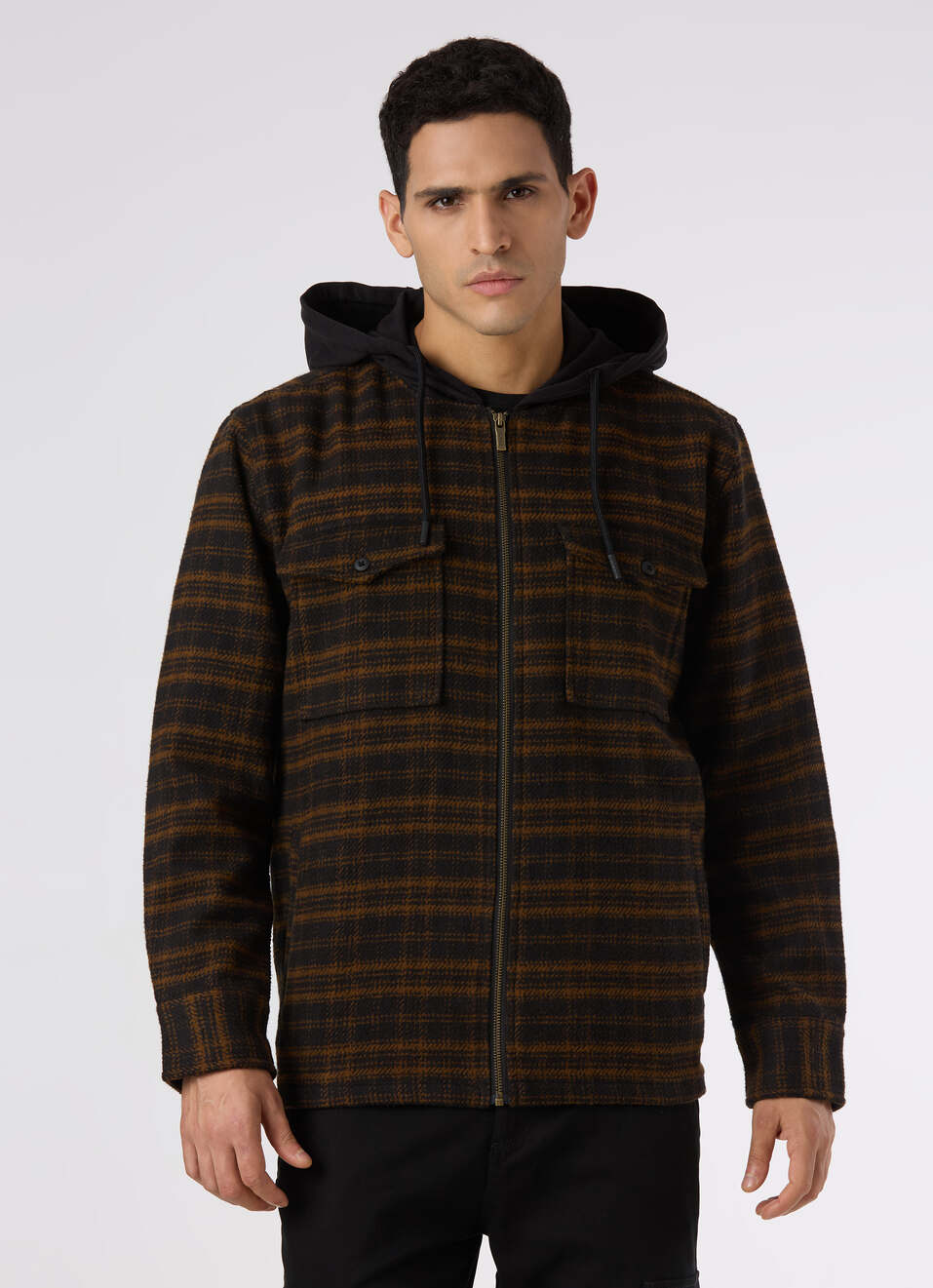 Men Oversized  Grey Checkered Hooded Zip Up Shirt, , large image number 1