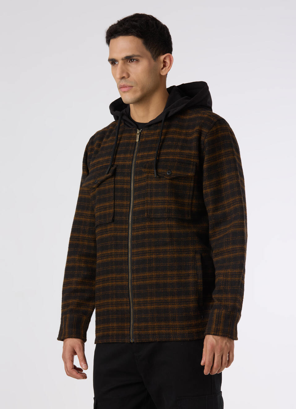 Men Oversized  Grey Checkered Hooded Zip Up Shirt, , large image number 3