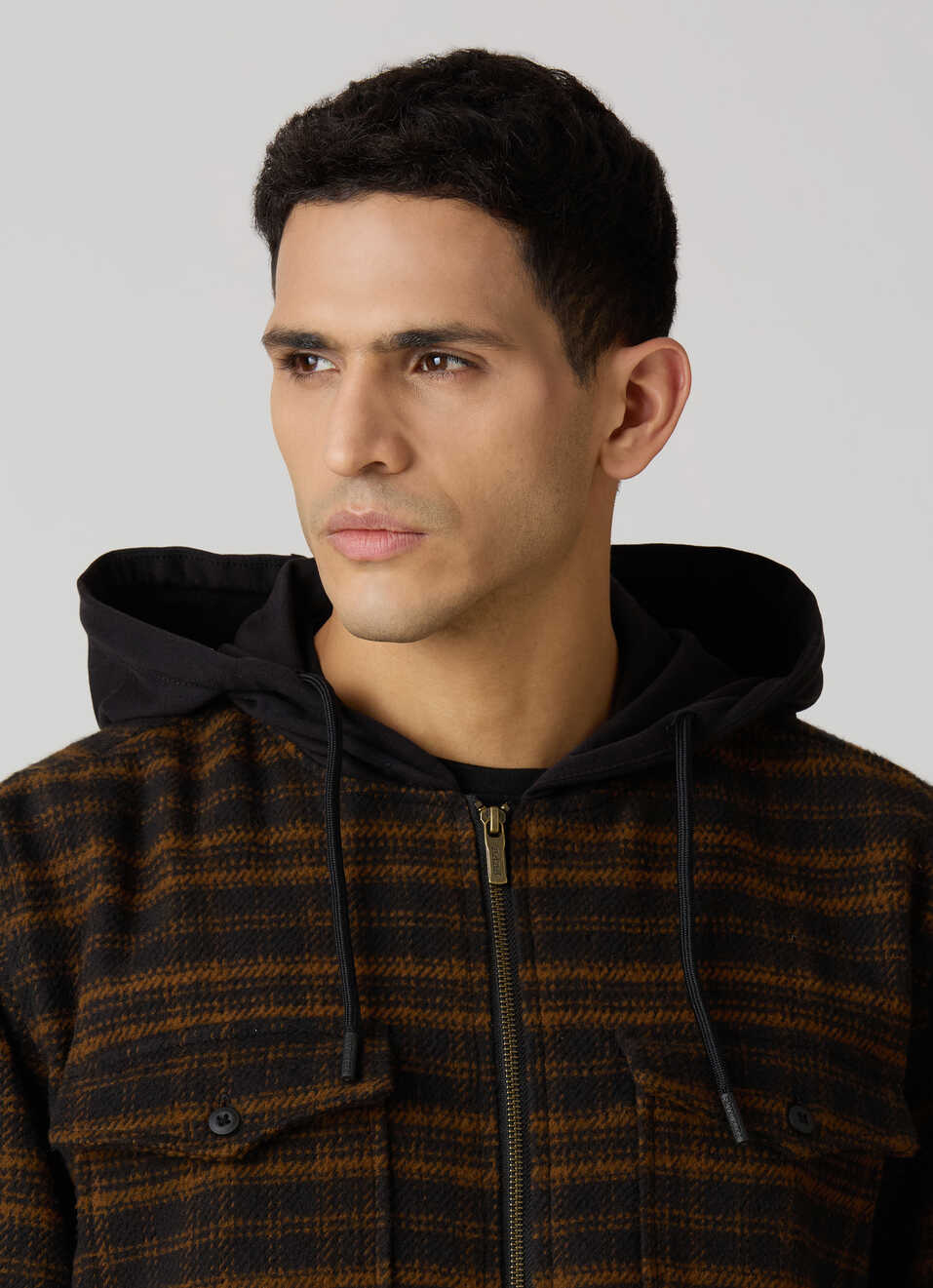 Men Oversized  Grey Checkered Hooded Zip Up Shirt, , large image number 4