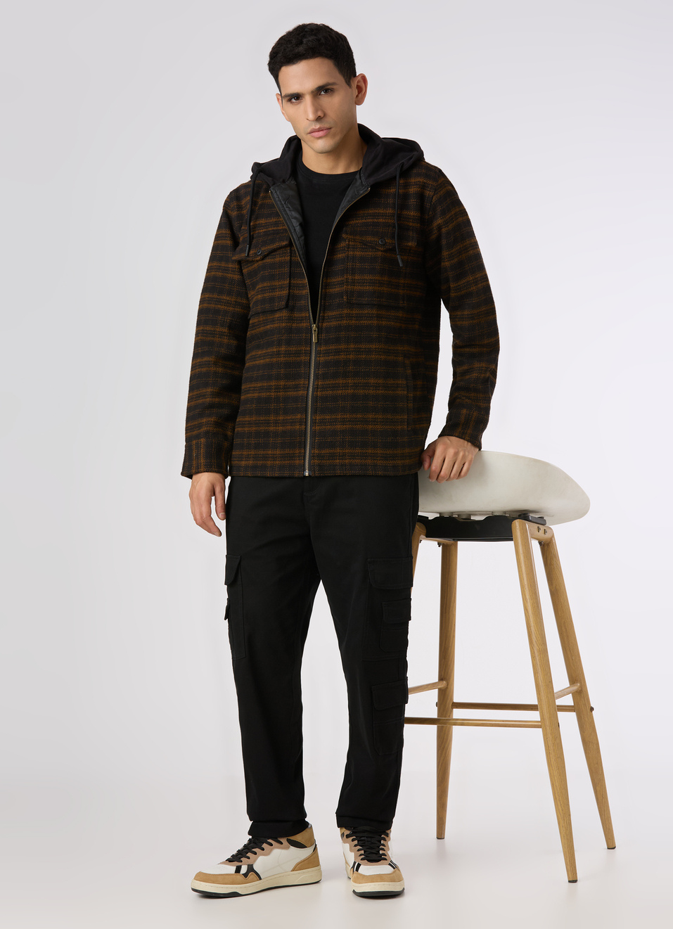 Men Oversized  Grey Checkered Hooded Zip Up Shirt, , large image number 5