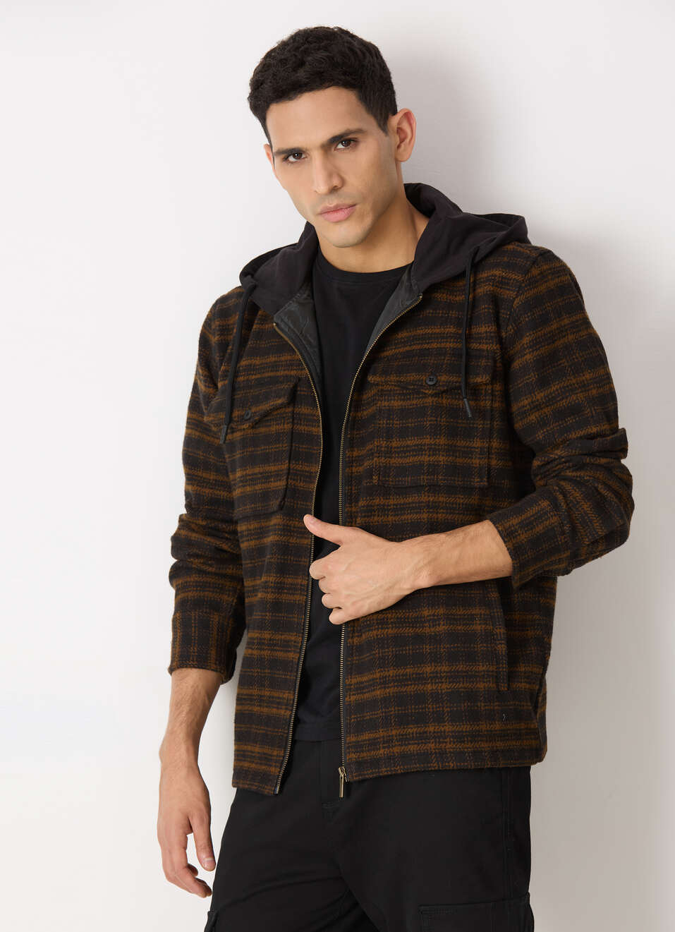 Men Oversized  Grey Checkered Hooded Zip Up Shirt, , large image number 0