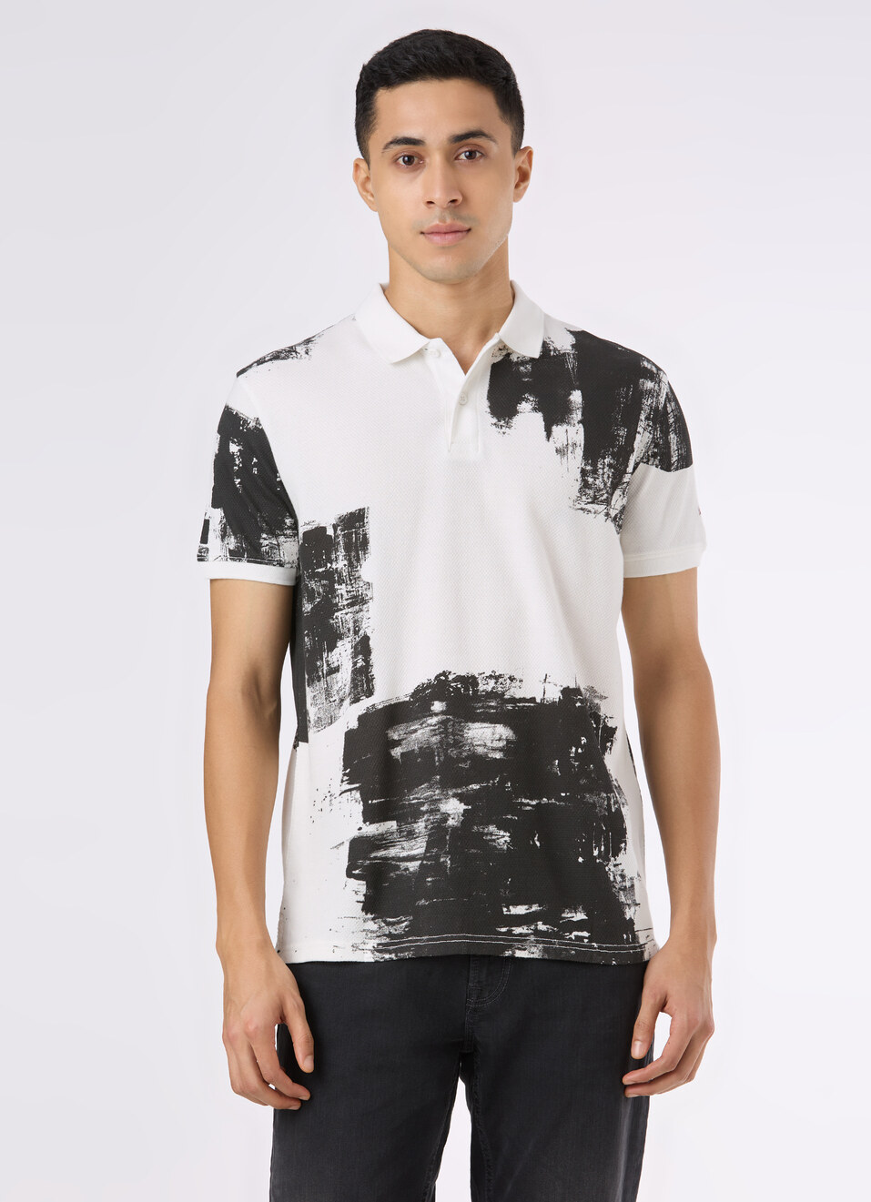 Men White Abstract Print Short Sleeve Polo, , large image number 1