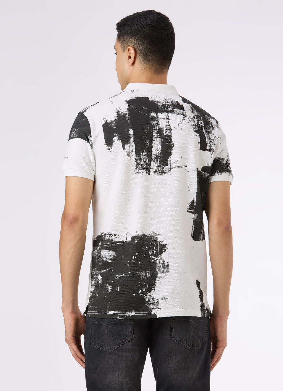 Men White Abstract Print Short Sleeve Polo, , large image number 2