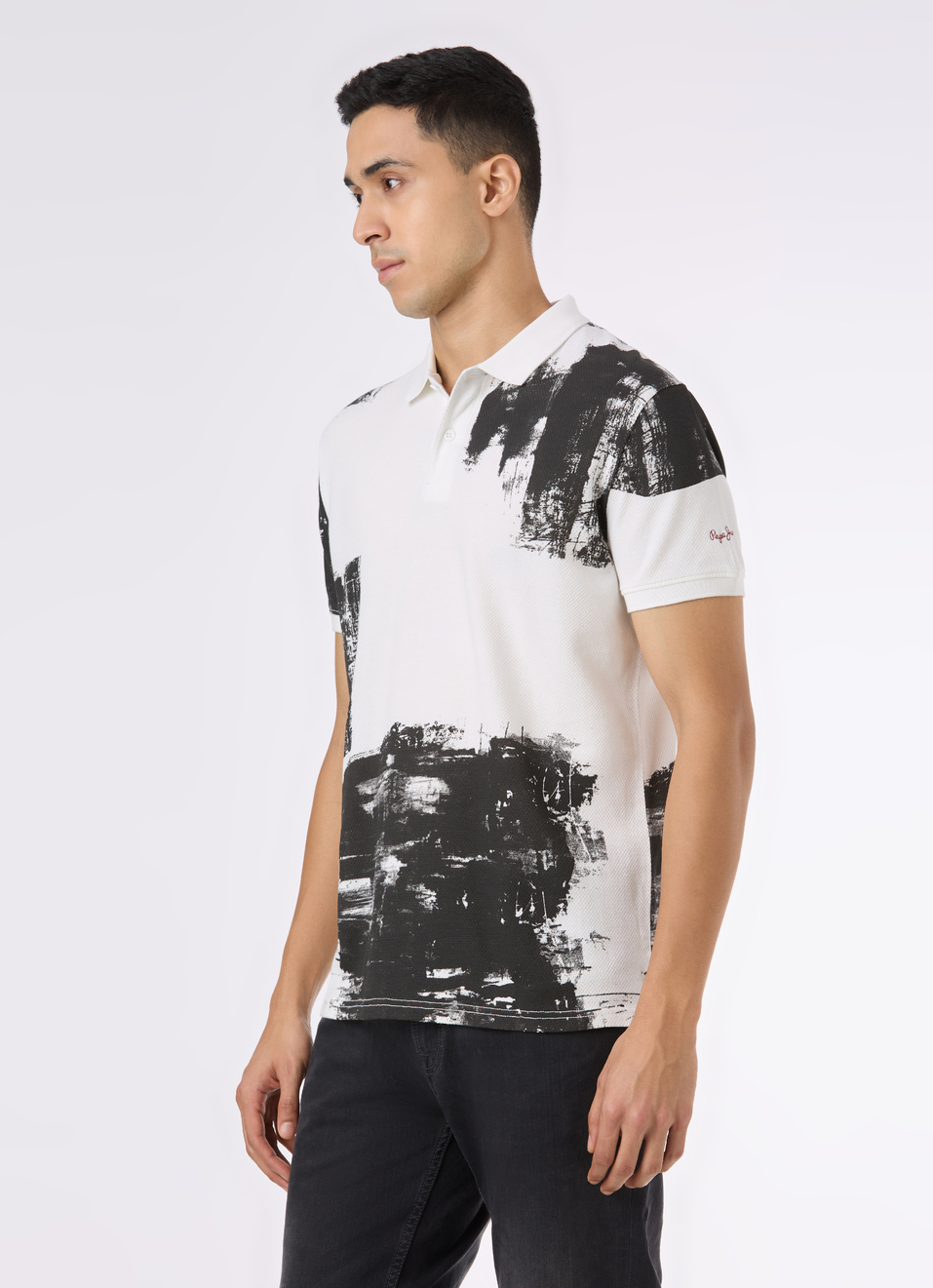 Men White Abstract Print Short Sleeve Polo, , large image number 3