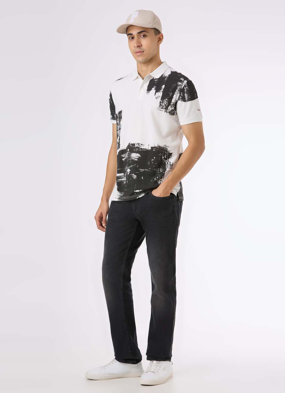 Men White Abstract Print Short Sleeve Polo, , large image number 5