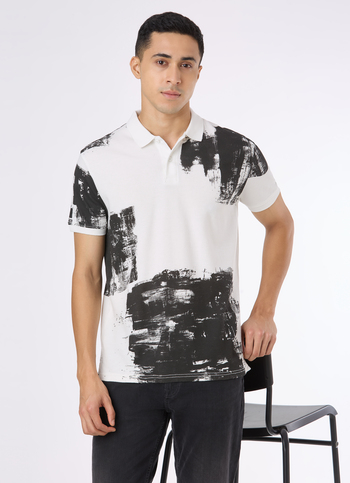 Men White Abstract Print Short Sleeve Polo