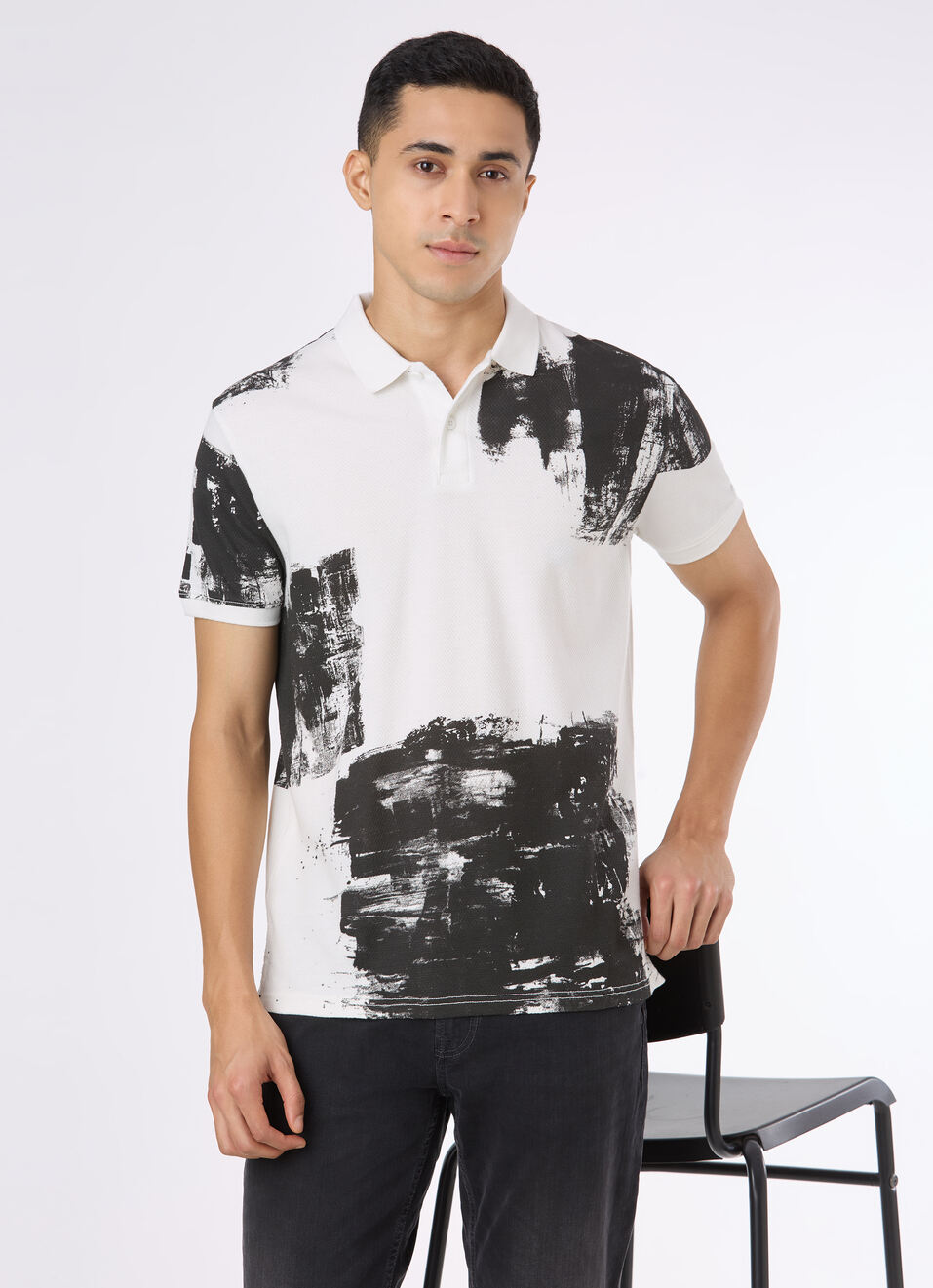Men White Abstract Print Short Sleeve Polo, , large image number 0