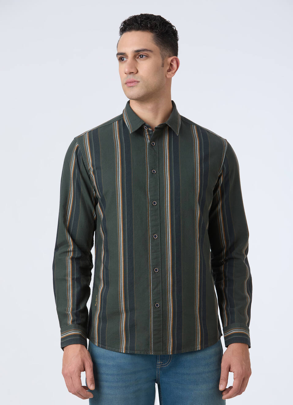 Men Green Vertical Stripe Full Sleeve Oxford Shirt, , large image number 1