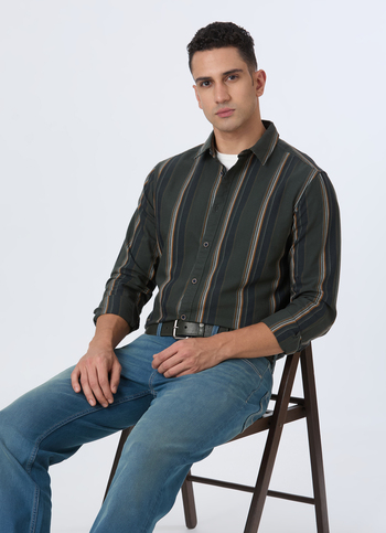 Men Green Vertical Stripe Full Sleeve Oxford Shirt