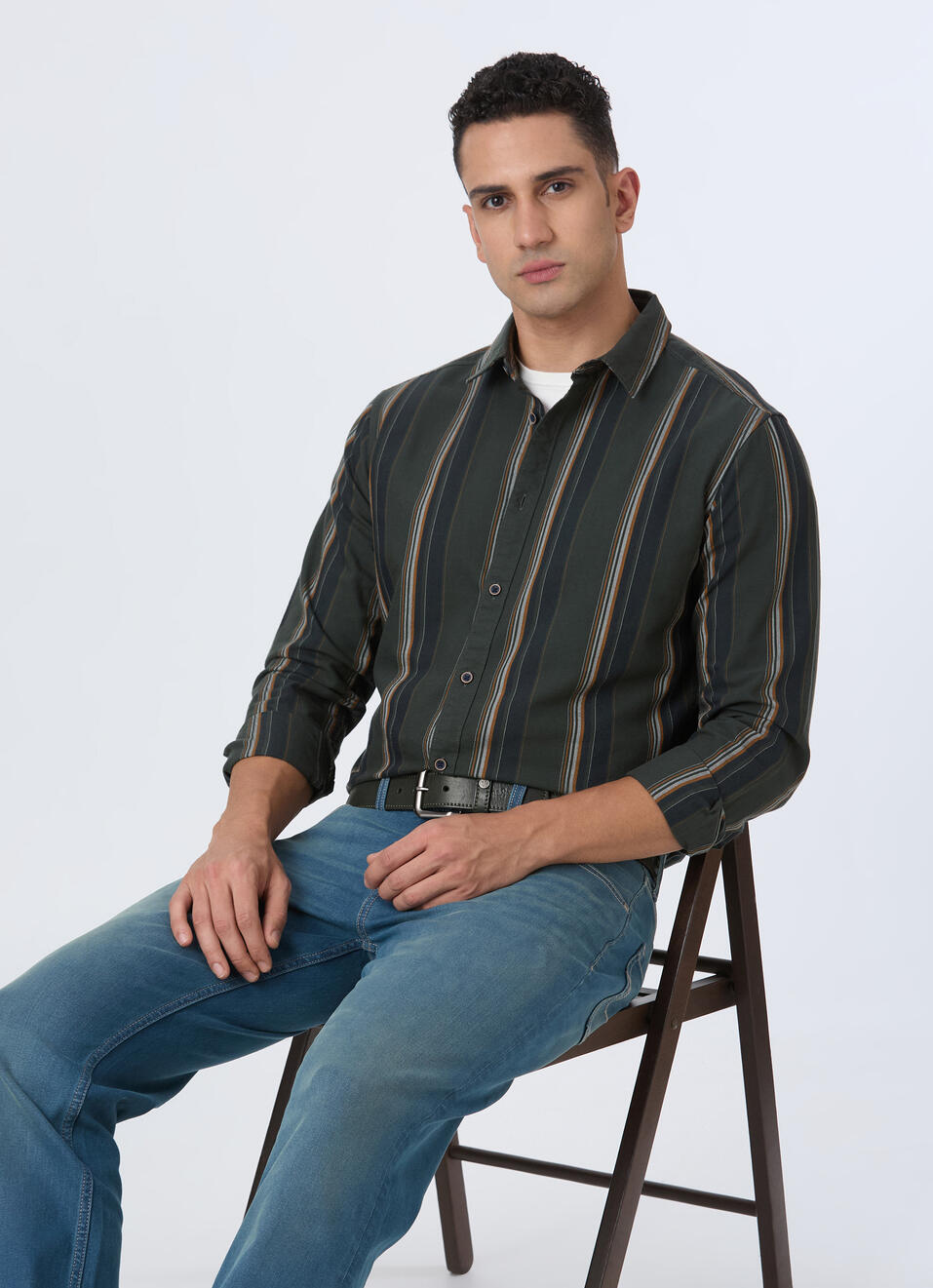 Men Green Vertical Stripe Full Sleeve Oxford Shirt, , large image number 0