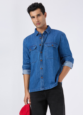 Men Oversized Flap Pocket Full Sleeve Denim Shirt