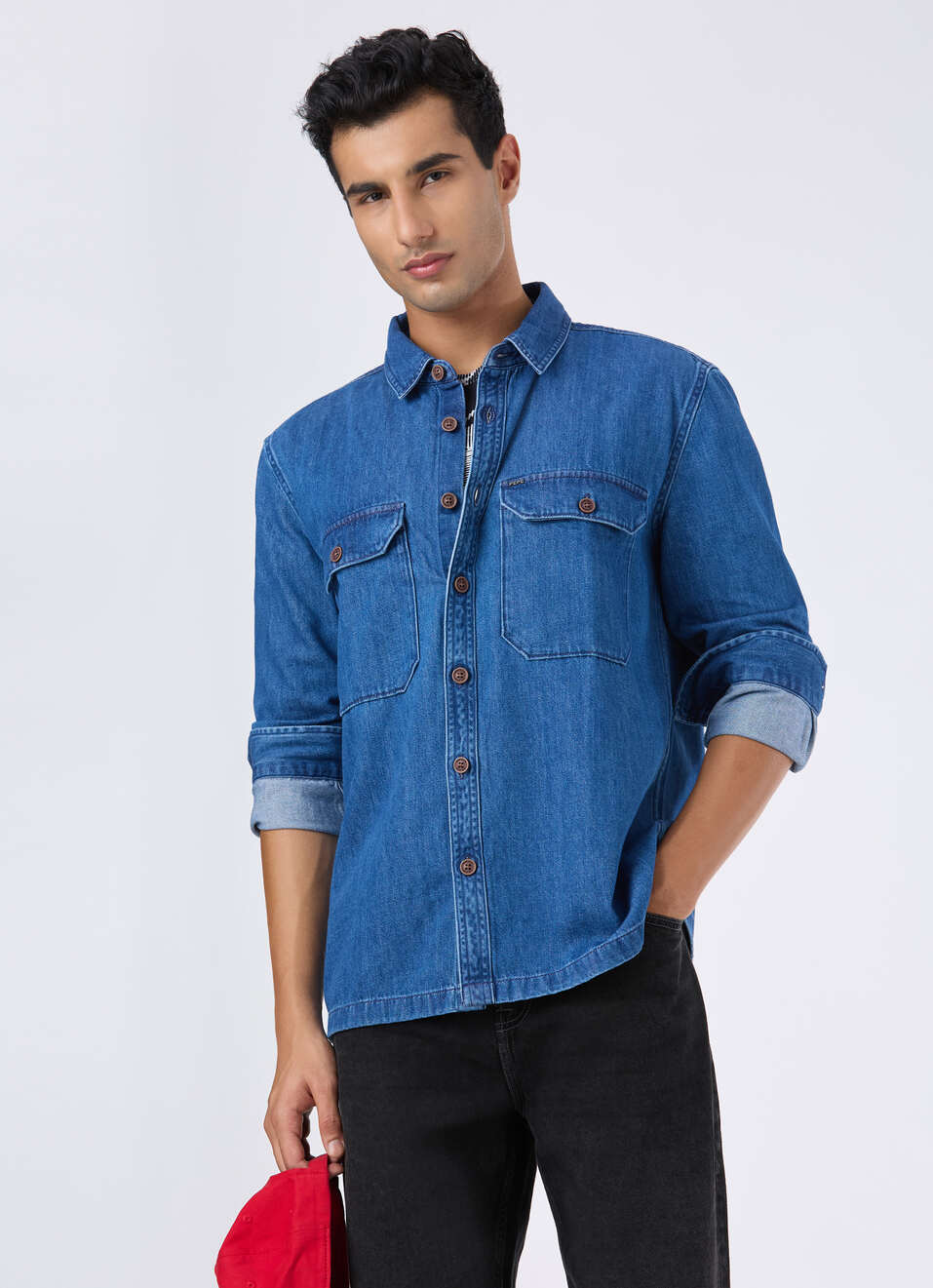Men Oversized Flap Pocket Full Sleeve Denim Shirt