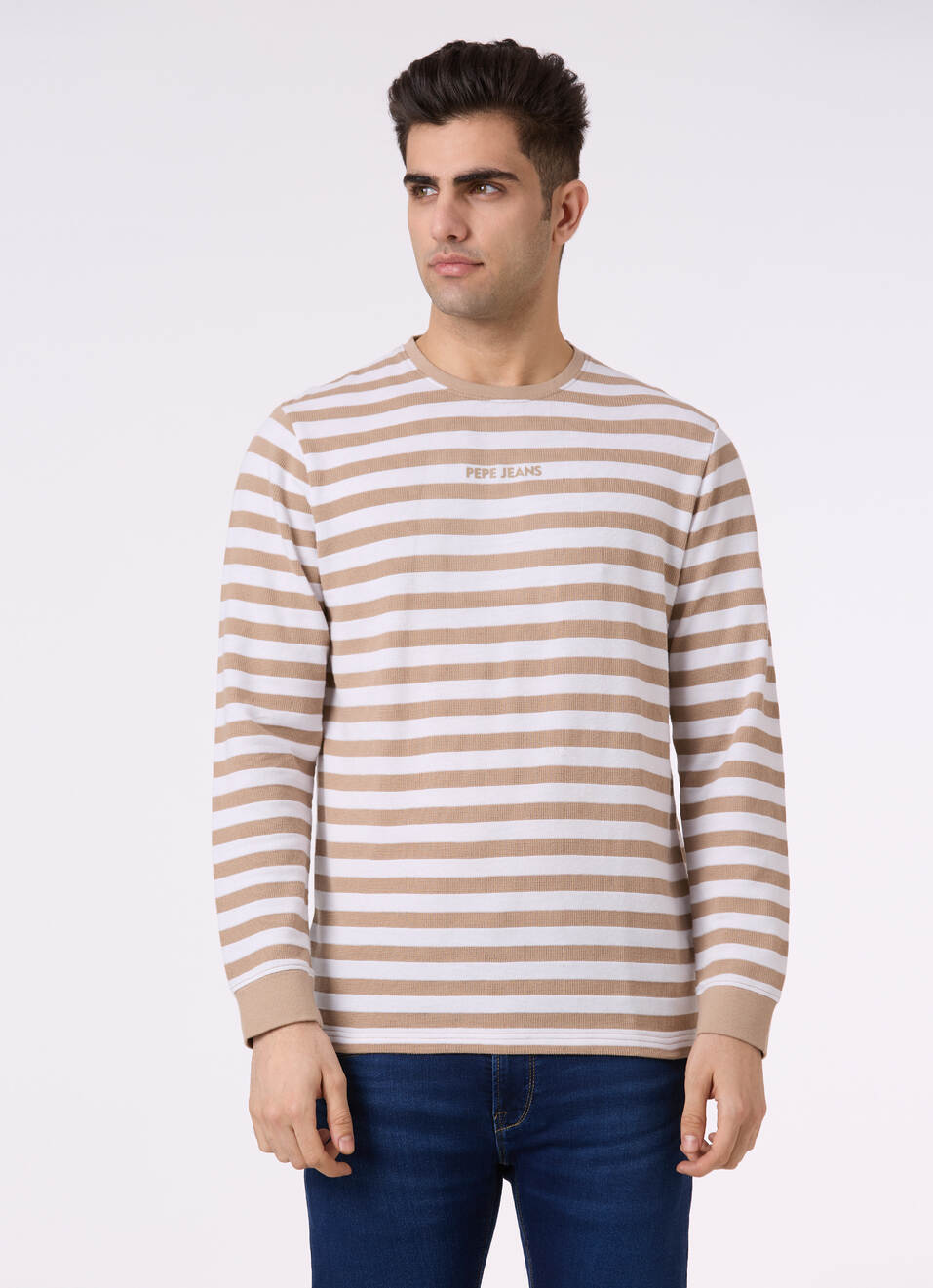 Men Beige & White Stripe Full Sleeve T-shirt, , large image number 1