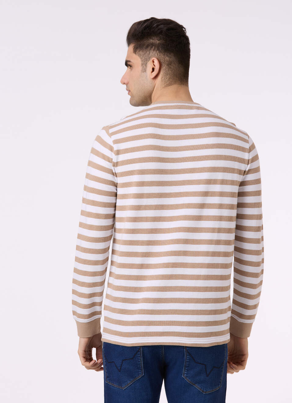 Men Beige & White Stripe Full Sleeve T-shirt, , large image number 2