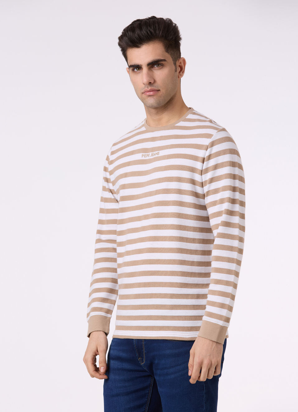 Men Beige & White Stripe Full Sleeve T-shirt, , large image number 3