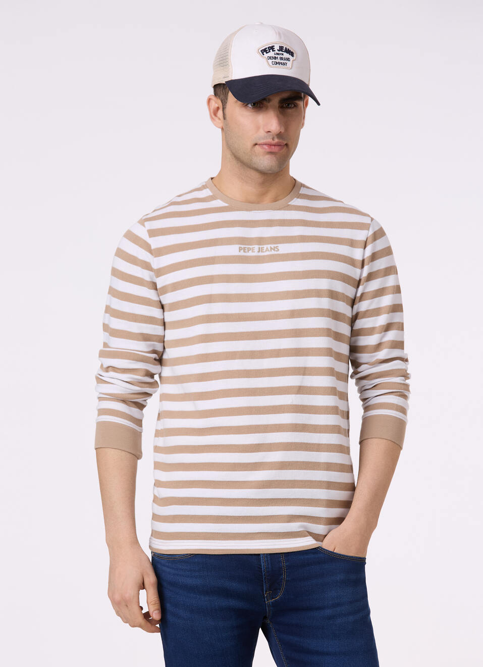 Men Beige & White Stripe Full Sleeve T-shirt, , large image number 0
