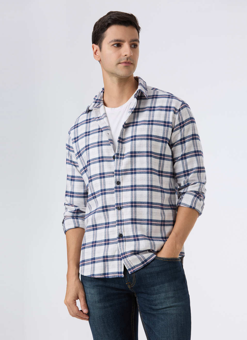 Men Off White Check Full Sleeve Shirt, , large image number 0