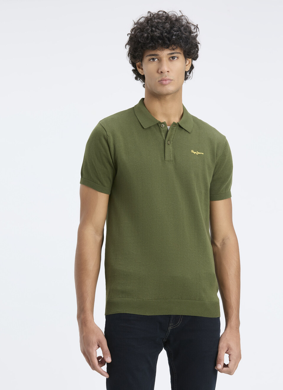 Men Olive Self Structure Short Sleeve Flat Knit Polo, , large image number 1
