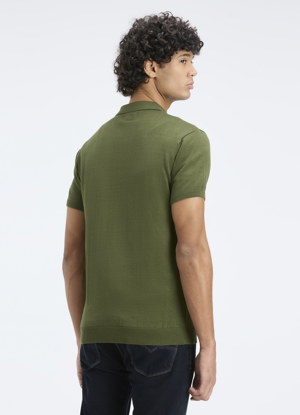 Men Olive Self Structure Short Sleeve Flat Knit Polo, , large image number 2