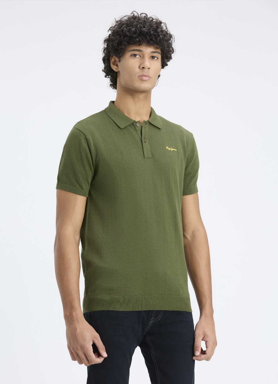 Men Olive Self Structure Short Sleeve Flat Knit Polo, , large image number 3
