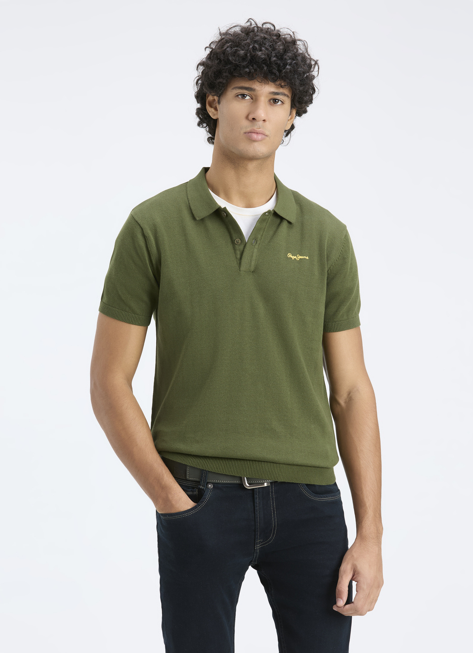 Men Olive Self Structure Short Sleeve Flat Knit Polo, , large image number 0