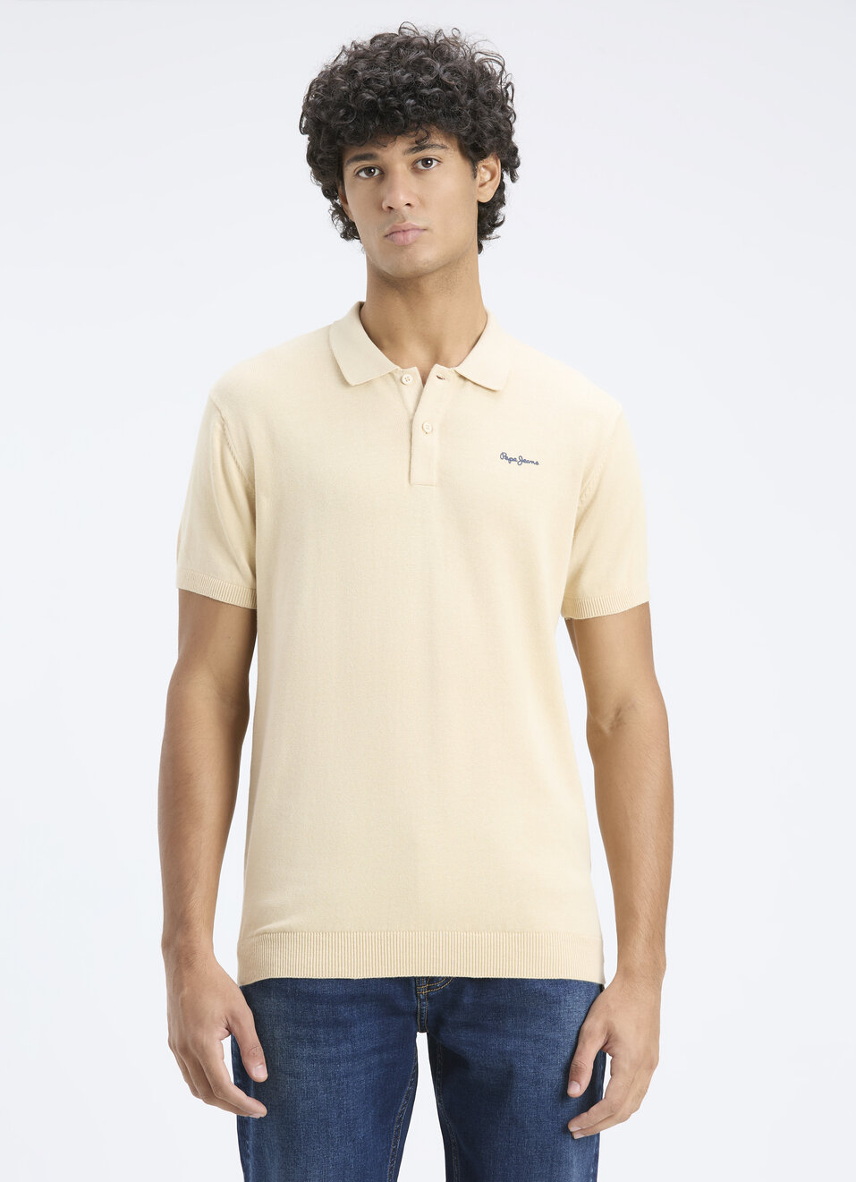 Men Ivory Self Structure Short Sleeve Flat Knit Polo, , large image number 1