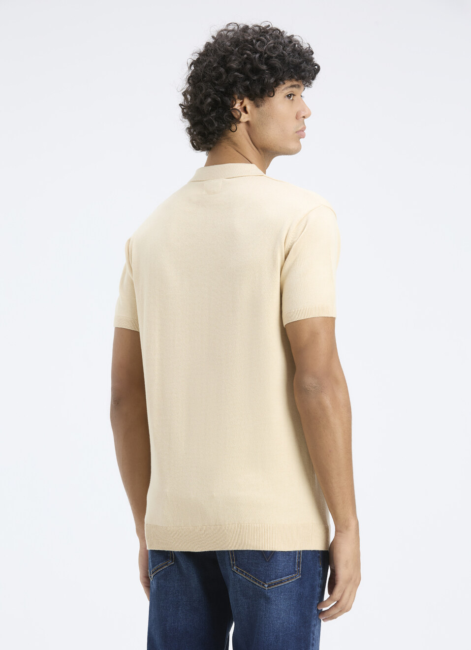 Men Ivory Self Structure Short Sleeve Flat Knit Polo, , large image number 2