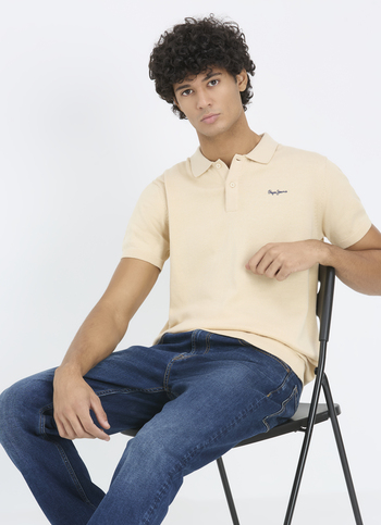 Men Ivory Self Structure Short Sleeve Flat Knit Polo