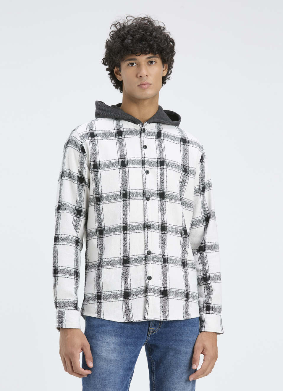 Men White Check Hooded Full Sleeve Shirt, , large image number 1