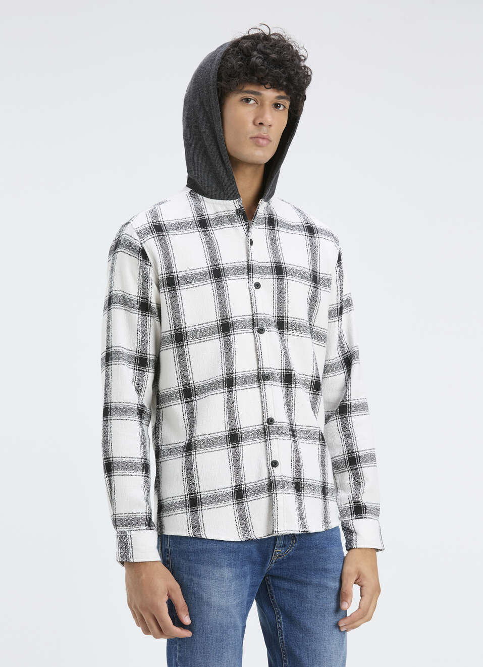 Men White Check Hooded Full Sleeve Shirt, , large image number 3