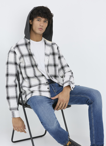 Men White Check Hooded Full Sleeve Shirt