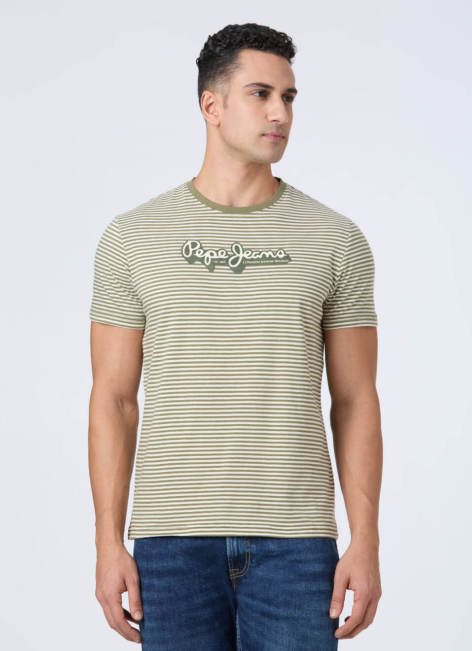 Men Olive Horizontal Stripe Short Sleeve T-shirt, , large image number 1