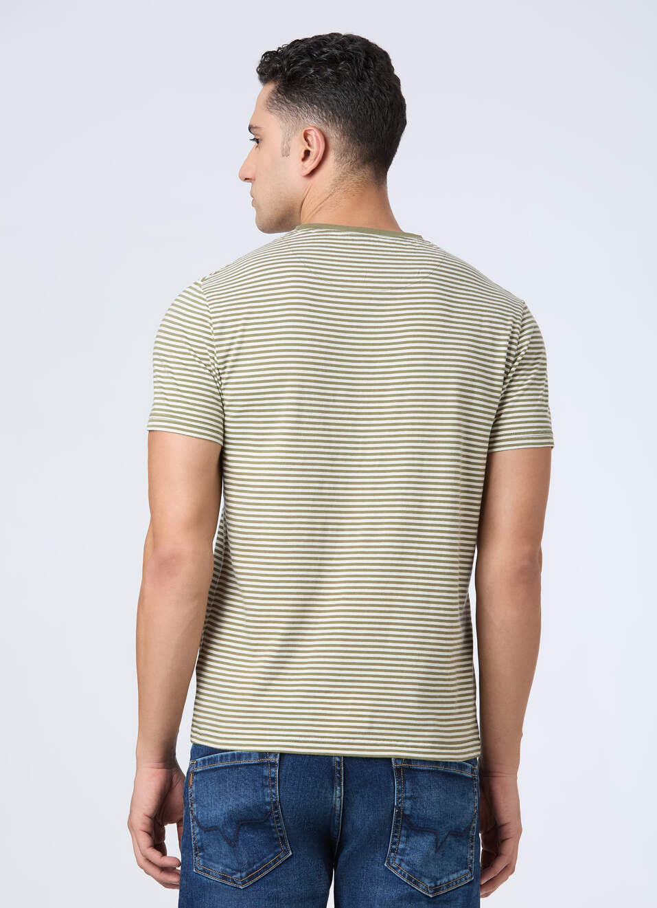 Men Olive Horizontal Stripe Short Sleeve T-shirt, , large image number 2