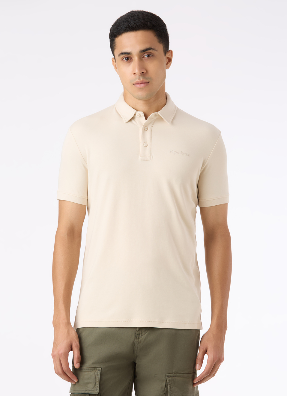 Men Ivory White Solid Embroidery Logo Polo, , large image number 1