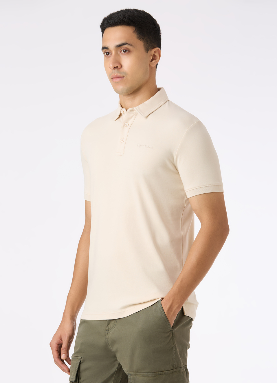 Men Ivory White Solid Embroidery Logo Polo, , large image number 3