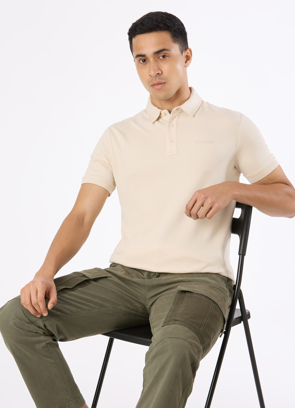 Men Ivory White Solid Embroidery Logo Polo, , large image number 0