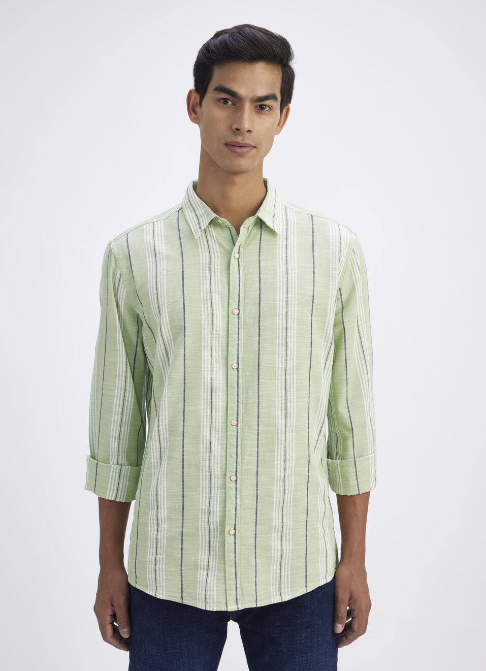 Men Mint Green Striped Full Sleeves Shirt, , large image number 1