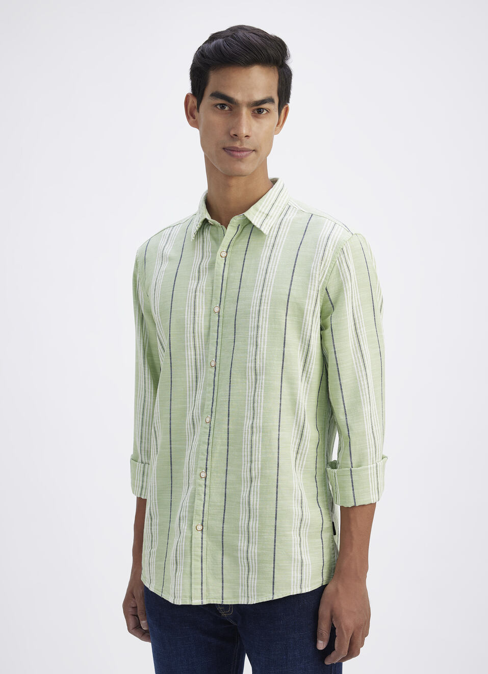 Men Mint Green Striped Full Sleeves Shirt, , large image number 3
