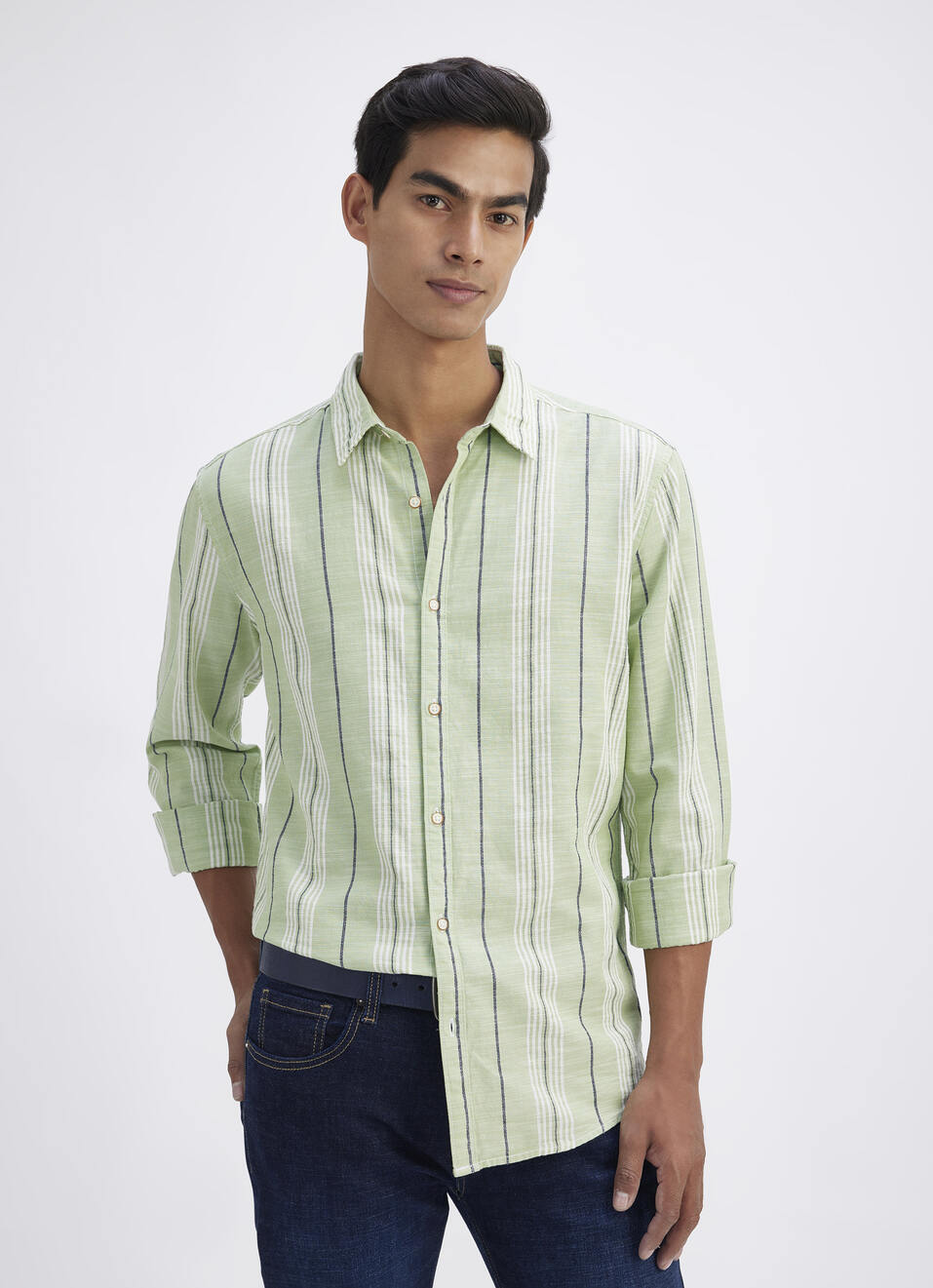 Men Mint Green Striped Full Sleeves Shirt, , large image number 0