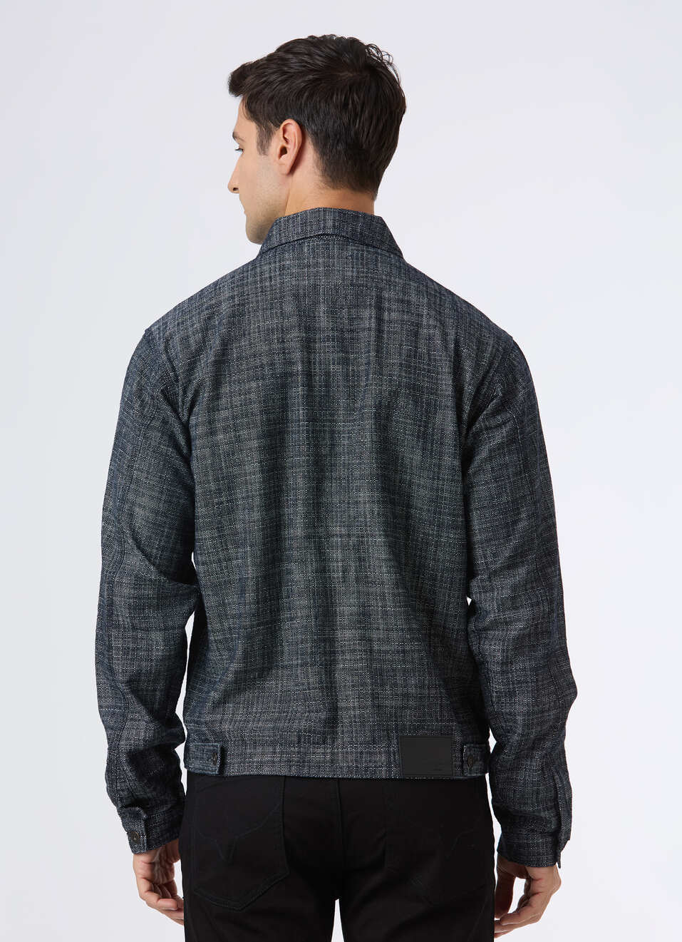 Men Black Textured Zip Up Trucker Jacket, , large image number 2