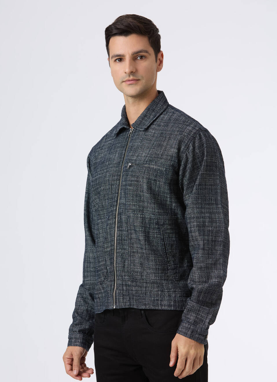 Men Black Textured Zip Up Trucker Jacket, , large image number 3