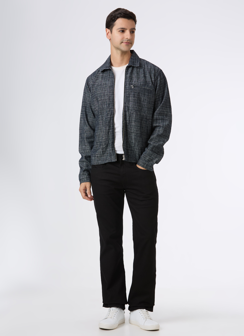 Men Black Textured Zip Up Trucker Jacket, , large image number 5