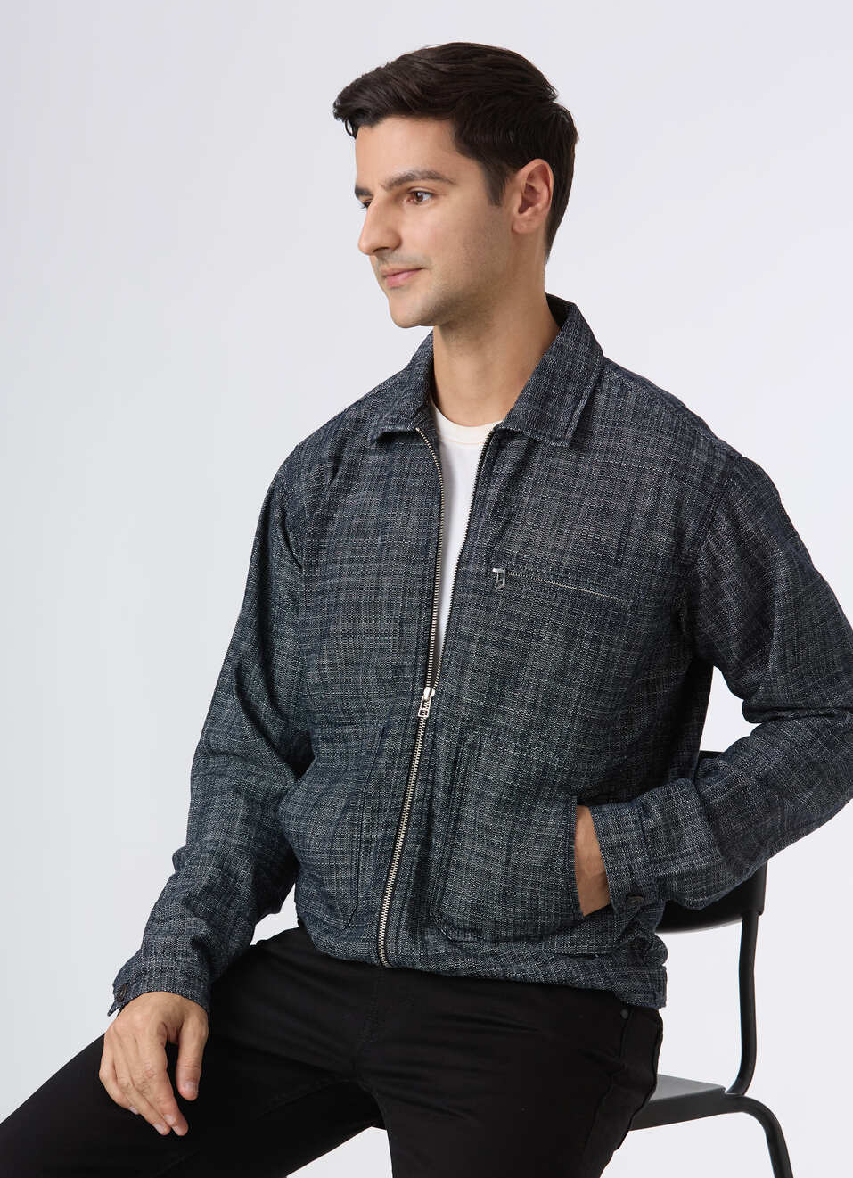 Men Black Textured Zip Up Trucker Jacket, , large image number 0