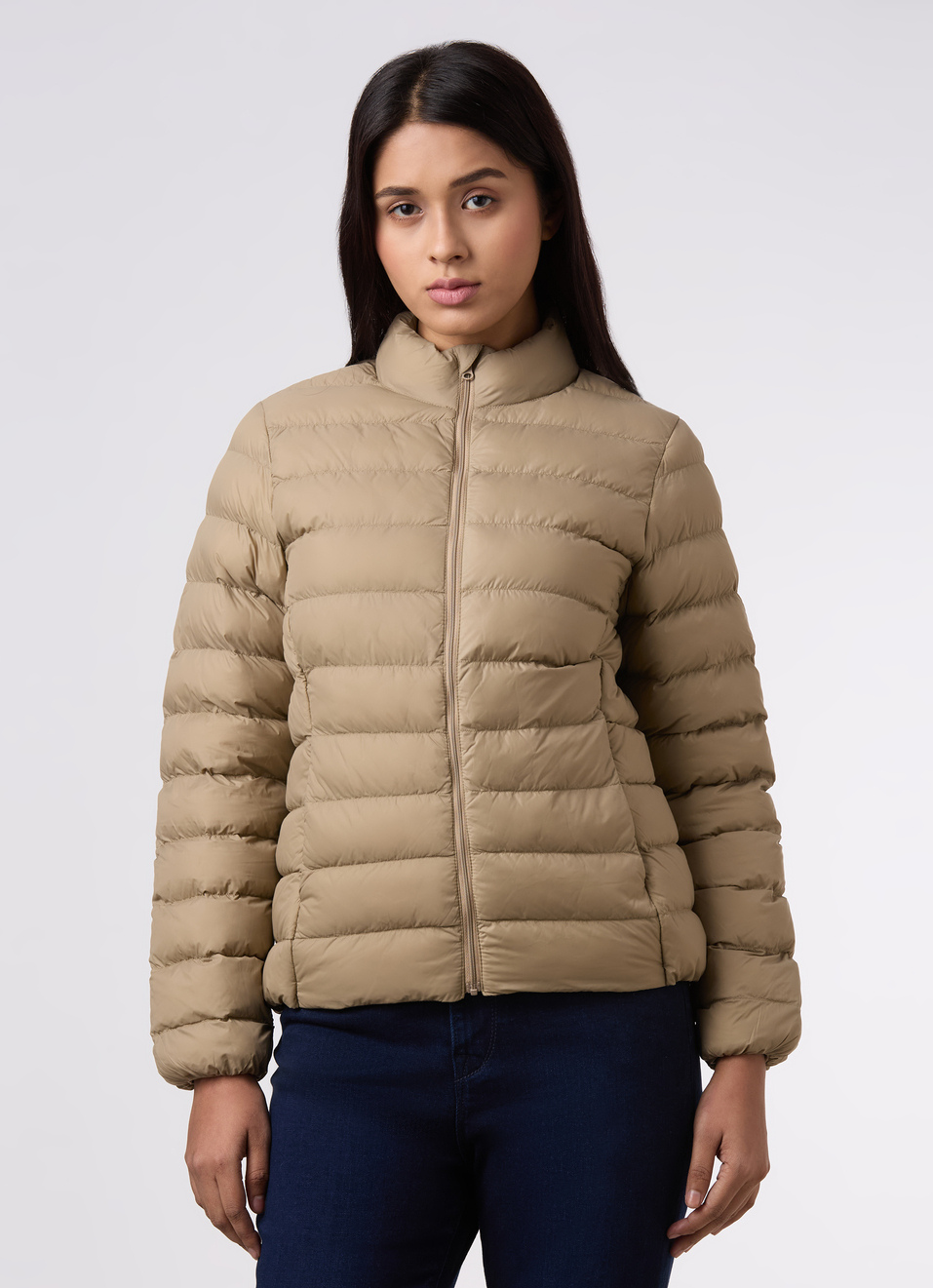 Women Beige High Neck Quilted Pattern Puffer Jacket, , large image number 1