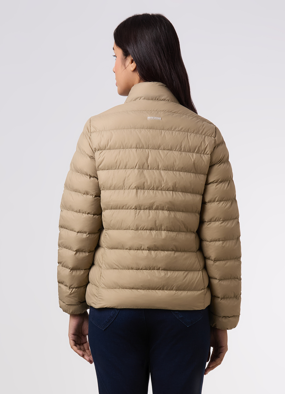 Women Beige High Neck Quilted Pattern Puffer Jacket, , large image number 2